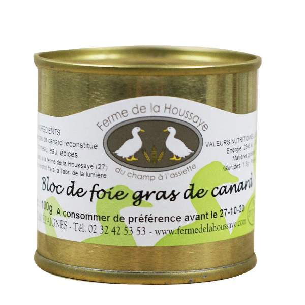 Bloc de foie gras de canard production fermière Ferme de la Houssaye à Epeigne (Eure), conserve de 100g, vente en ligne