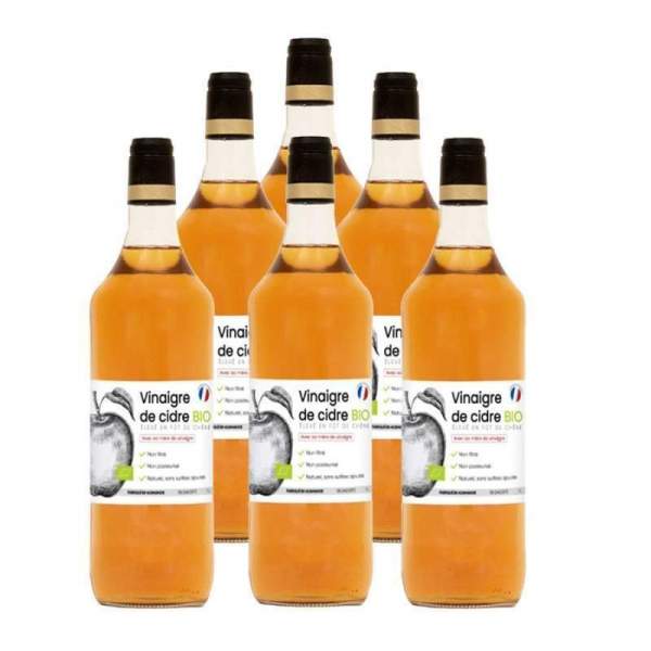 Lot de 6 vinaigres de cidre bio avec mère de vinaigre 1L