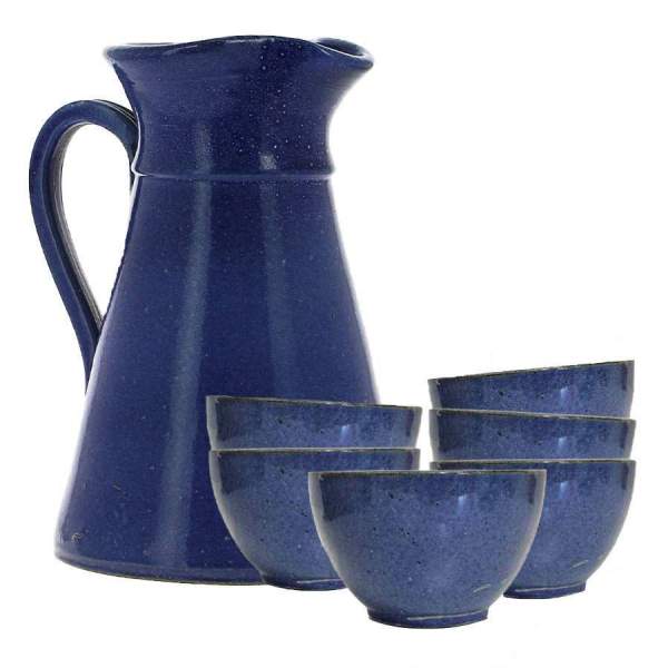 Service à cidre en grès bleu Poterie Turgis (6 bolées + 1 broc)