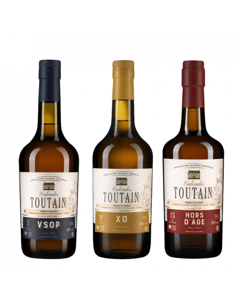 Trio de dégustation de Calvados Vieux 5, 8 et 15 ans Toutain 3x35cl