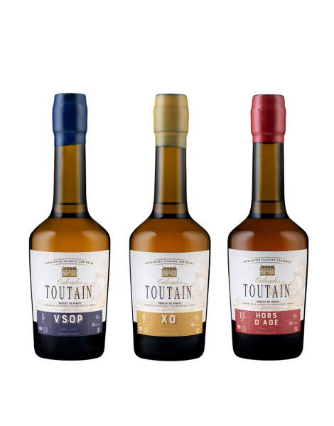 Trio de dégustation de Calvados Vieux 5, 8 et 15 ans Toutain 3x35cl